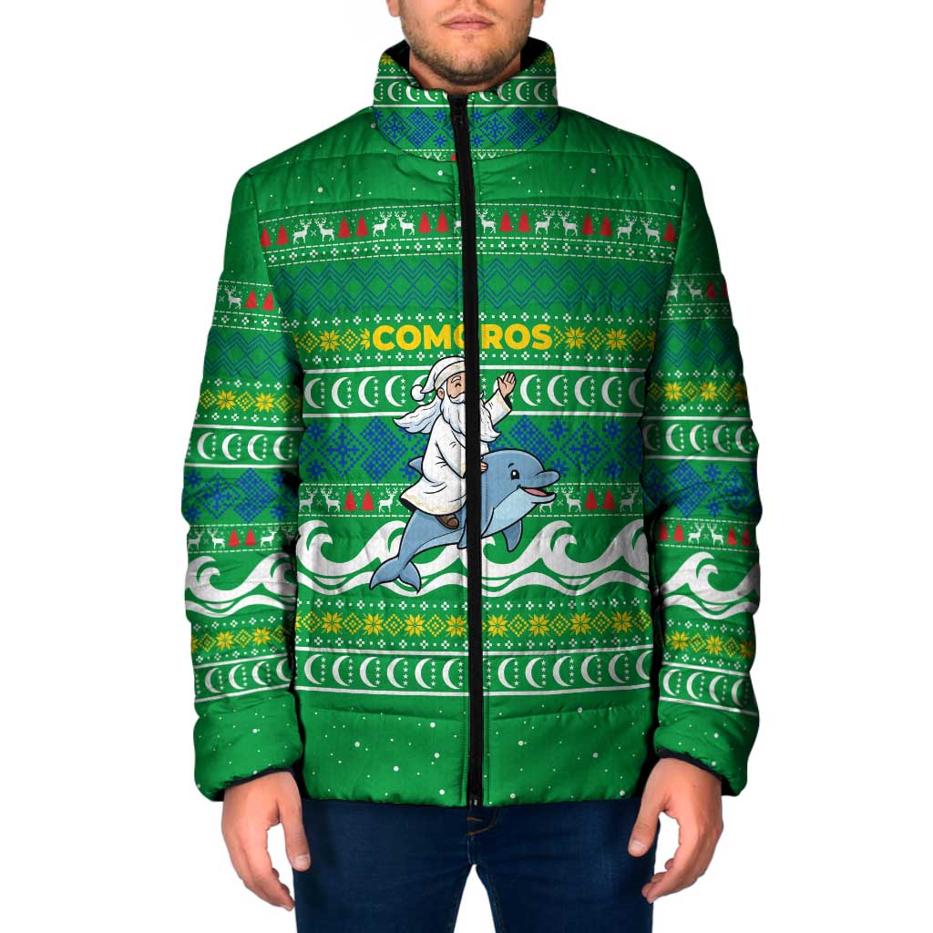 Comoros Christmas Padded Jacket with Santa Riding Dolphin Ocean Waves Crescent Moon and Tribal Pattern - Wonder Print Shop