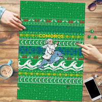 Comoros Christmas Puzzle with Santa Riding Dolphin Ocean Waves Crescent Moon and Tribal Pattern - Wonder Print Shop