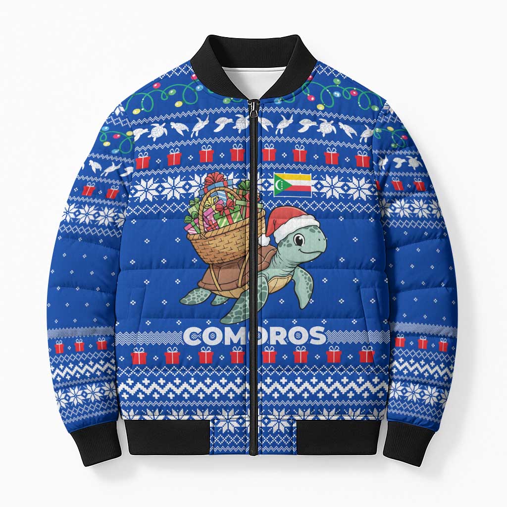 Comoros Christmas Bomber Puffer Jacket with Santa Turtle Gifts Snowflakes and Ocean Blue Holiday Pattern - Wonder Print Shop