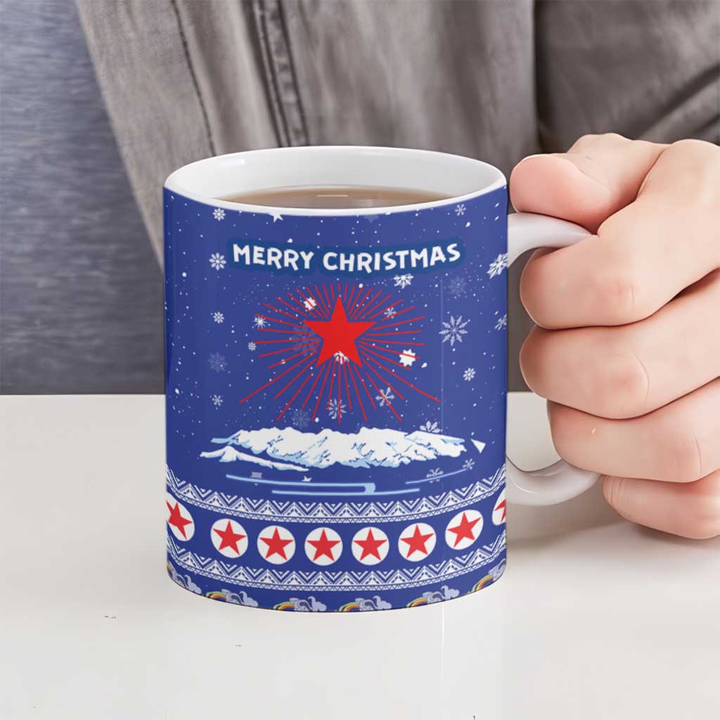 North Korea Christmas Ceramic Mug with Blue Pattern, Red Star, and Snowy Mountain Motif - Wonder Print Shop