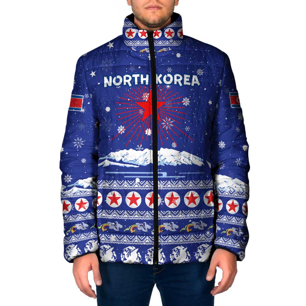 North Korea Christmas Padded Jacket with Blue Pattern, Red Star, and Snowy Mountain Motif - Wonder Print Shop