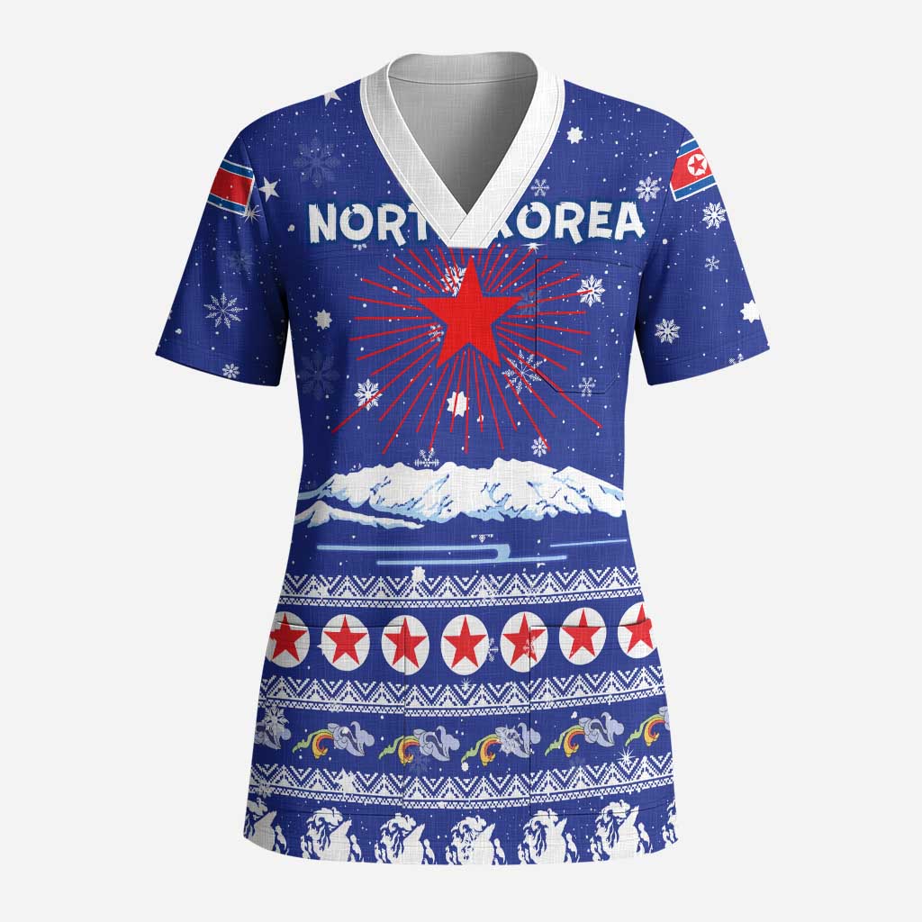 North Korea Christmas Scrub Top with Blue Pattern, Red Star, and Snowy Mountain Motif - Wonder Print Shop