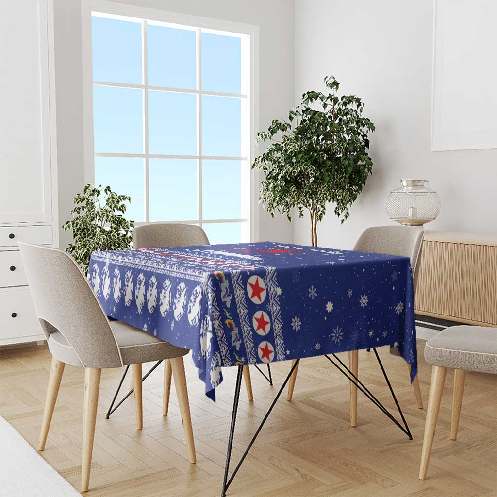 North Korea Christmas Tablecloth with Blue Pattern, Red Star, and Snowy Mountain Motif - Wonder Print Shop