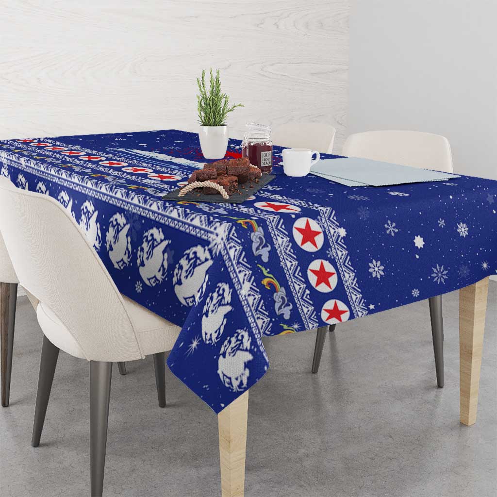 North Korea Christmas Tablecloth with Blue Pattern, Red Star, and Snowy Mountain Motif - Wonder Print Shop