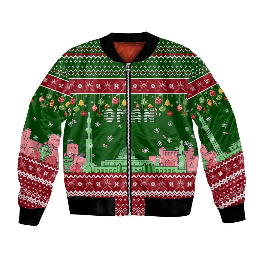 Oman Christmas Bomber Jacket with Green-Red Pattern, Mosque and Fort Landmarks, and Festive Ornament Motif - Wonder Print Shop