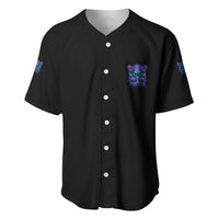 Black button-front baseball jersey with small purple-blue skull chest logo