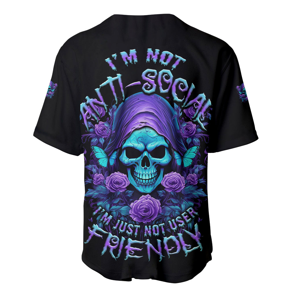 Black baseball jersey with purple-blue skull and roses back graphic