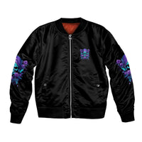 Black bomber jacket with front zip, purple-blue skull logo, ribbed cuffs and hem