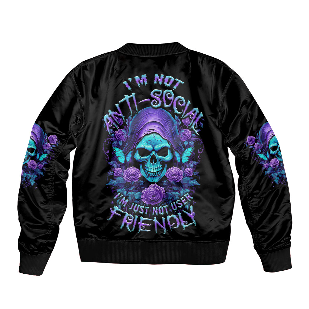 Black bomber jacket with skull graphic, ribbed cuffs, full back print