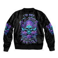 Black bomber jacket with skull graphic, ribbed cuffs, full back print