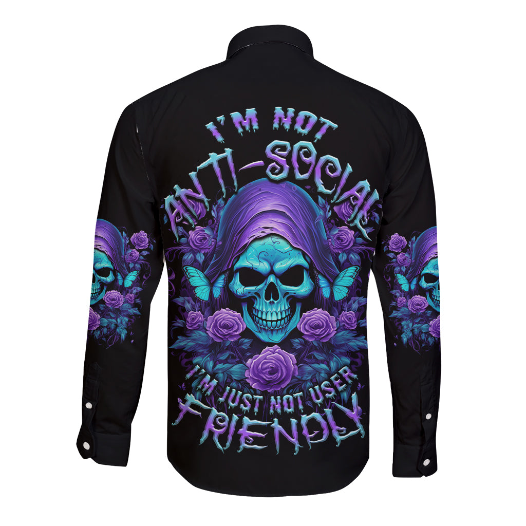 I'm Not Anti-social Mad Reaper Skull Long Sleeve Button Shirt - Wonder Print Shop