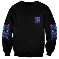 Black unisex sweatshirt with small chest emblem skull, roses, and butterflies