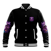 Black unisex varsity jacket with purple skull-butterfly pocket graphic and striped cuffs