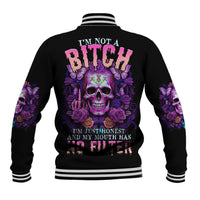 Black unisex baseball jacket with purple skull, butterflies, roses graphic on back
