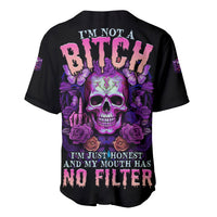 Black baseball jersey with large purple skull and rose graphic, V-neck button front