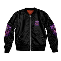Black unisex bomber jacket with front zip and purple rose sleeve graphics