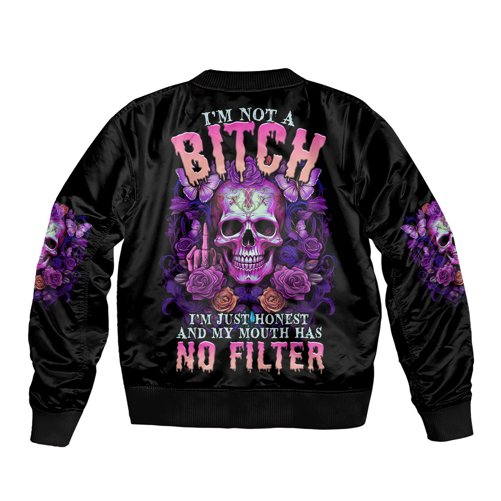 Black unisex bomber jacket with purple skull butterfly rose back graphic