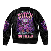 Black unisex bomber jacket with purple skull butterfly rose back graphic