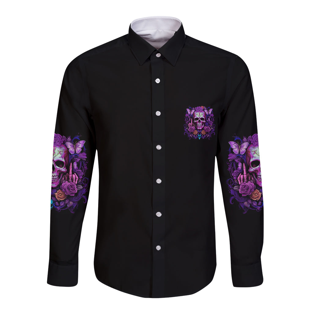 Black long-sleeve button shirt with purple skull sleeve prints and chest graphic