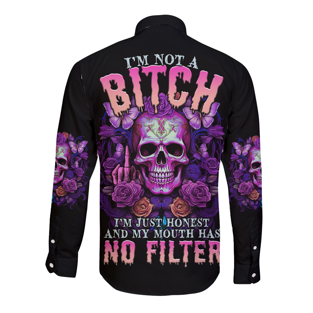 Black long-sleeve button shirt with purple skull and butterfly back print