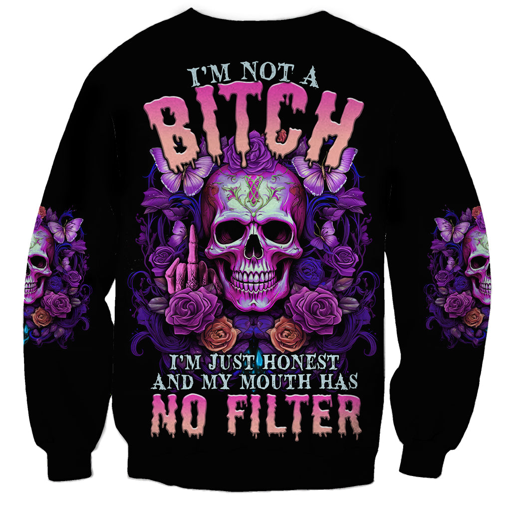 Unisex black crewneck sweatshirt with multicolor skull-and-butterfly front graphic