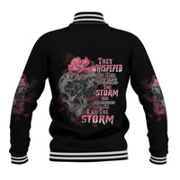 Black baseball jacket with multicolor tattoo skull back graphic and striped ribbed collar