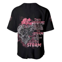 Black baseball jersey with tattoo-style skull, pink rose, and storm lettering on front