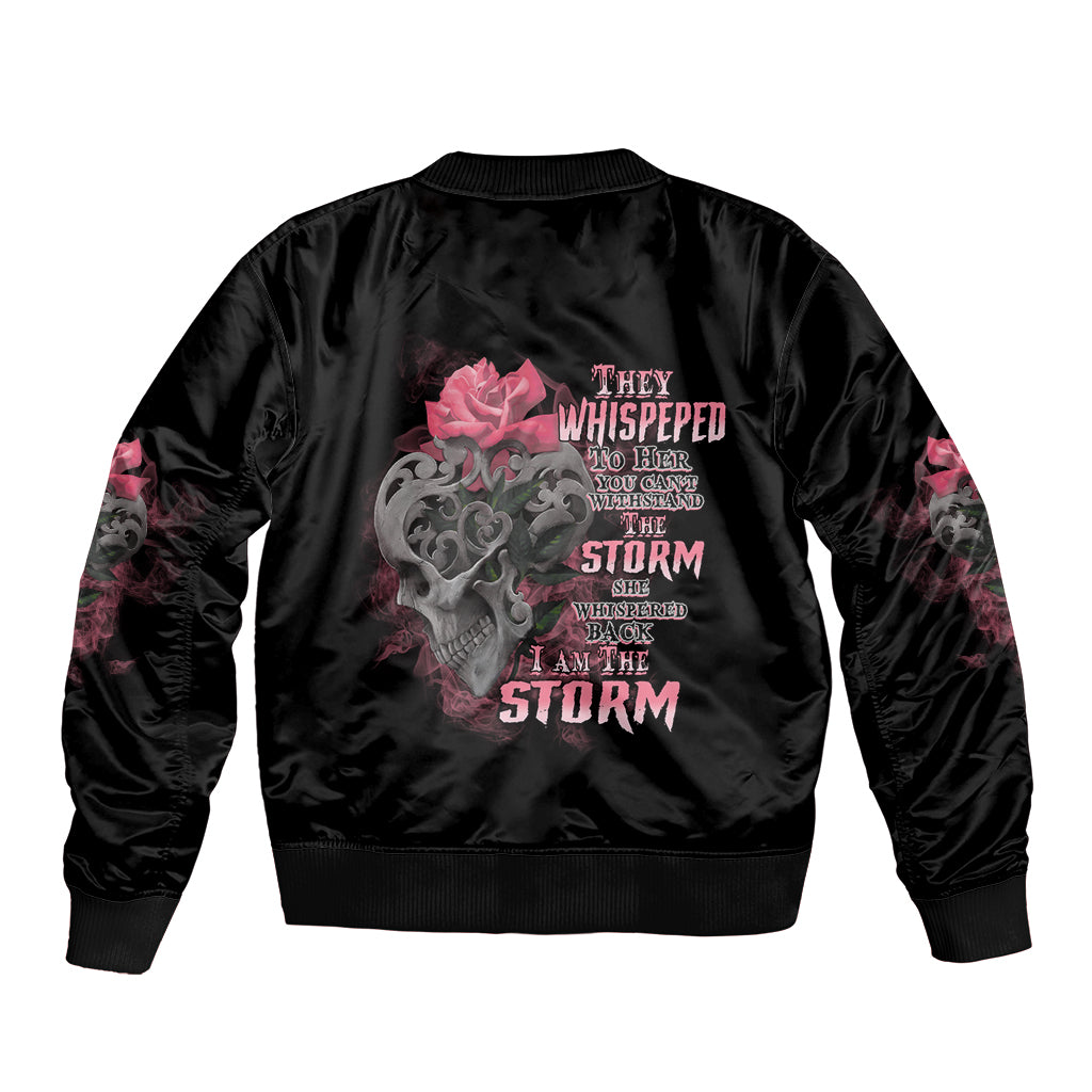 Black satin bomber jacket with back skull tattoo graphic and rose, ribbed collar and cuffs