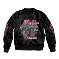 Black satin bomber jacket with back skull tattoo graphic and rose, ribbed collar and cuffs