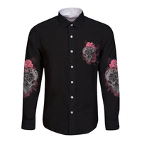 Black long-sleeve button shirt with skull rose tattoo graphic on chest and sleeves