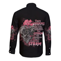 Black long-sleeve button shirt with tattoo skull and rose graphic on back