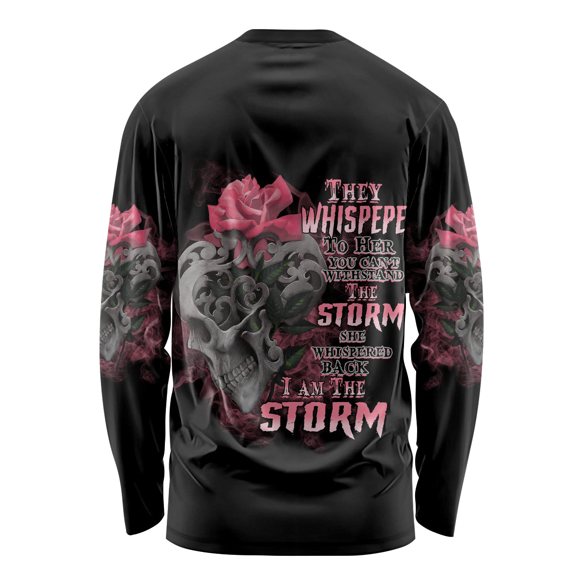 Black long-sleeve shirt with tattoo skull, pink roses, and storm lettering on back
