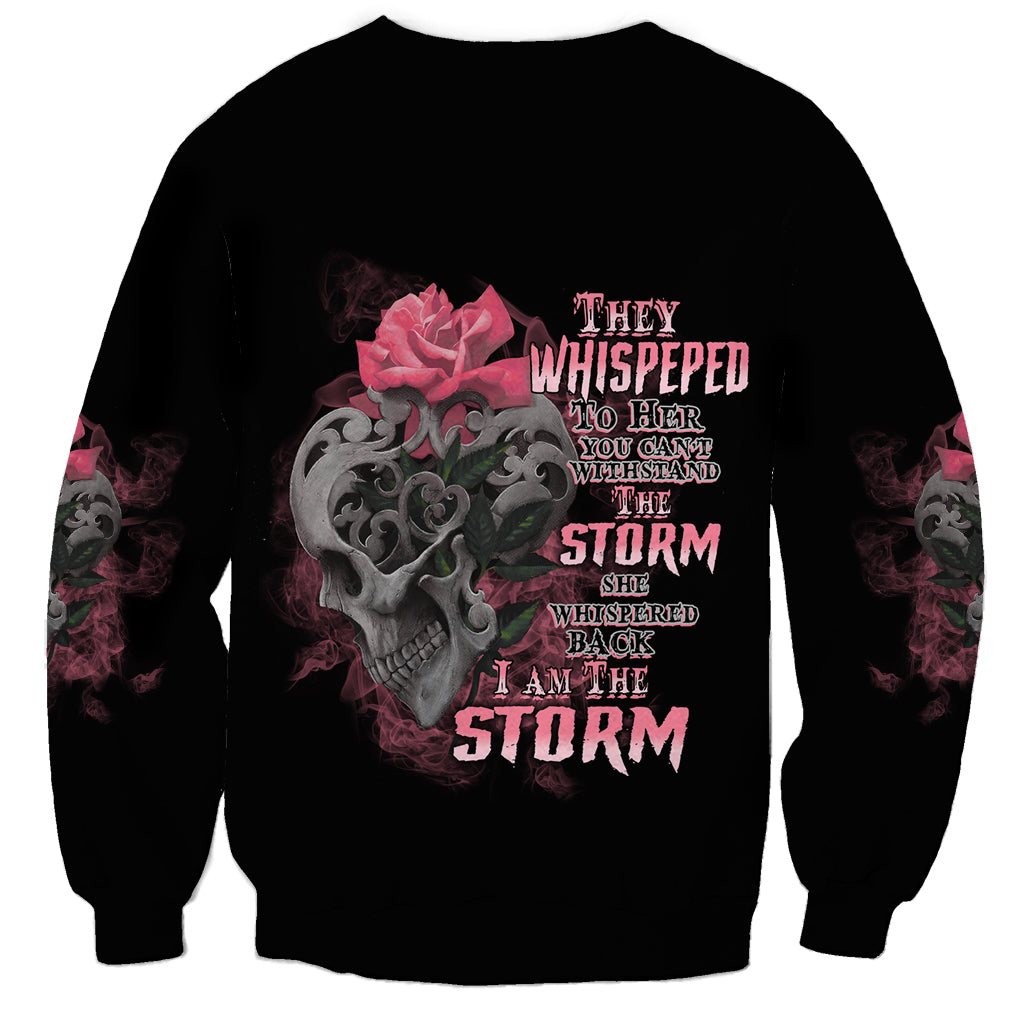 Black unisex sweatshirt with tattoo skull, rose, and storm text graphic on front