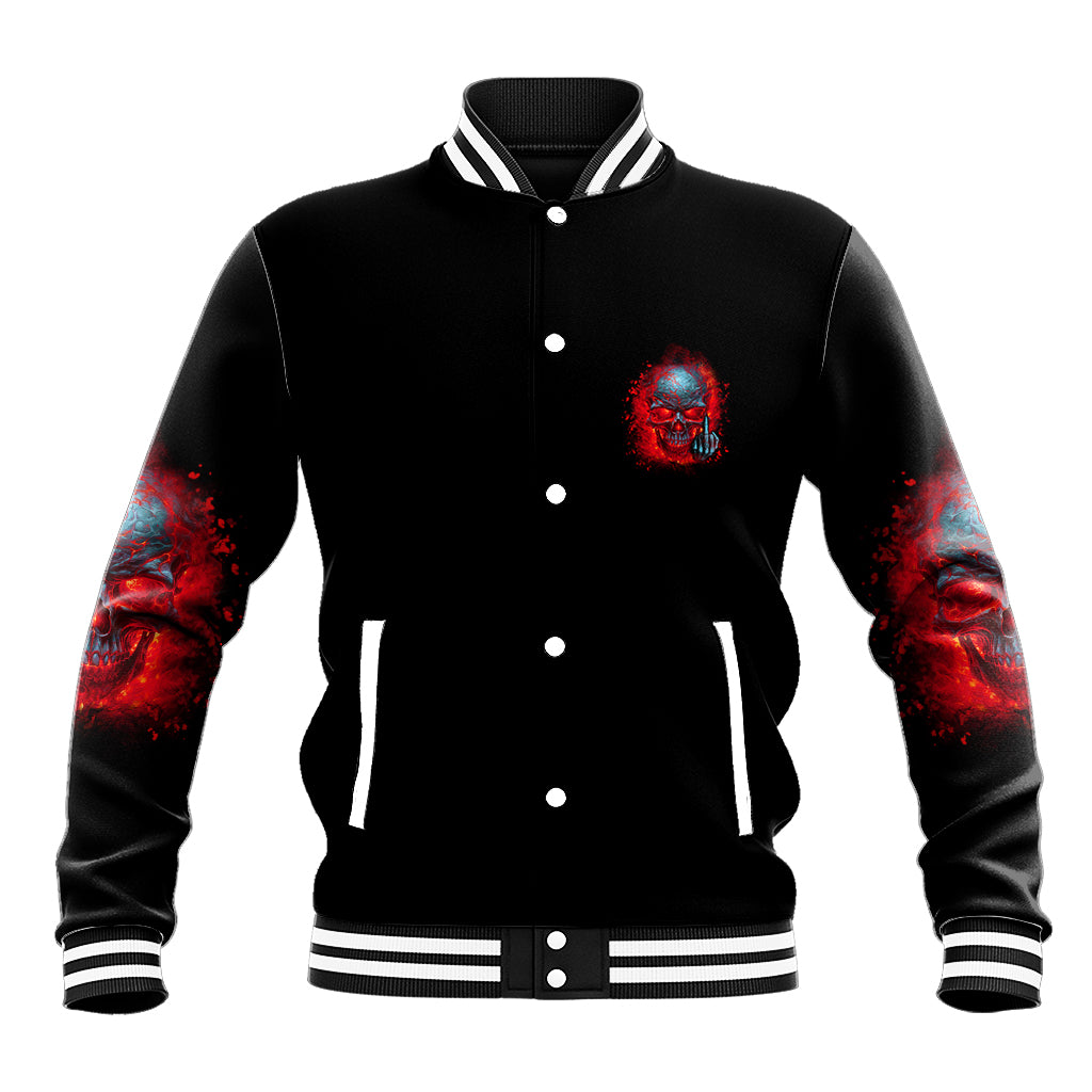 Black unisex baseball jacket, front button-up, red blue skull patch, striped ribbed cuffs