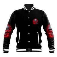 Black unisex baseball jacket, front button-up, red blue skull patch, striped ribbed cuffs