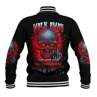 Black unisex baseball jacket, back skull graphic, red blue splatter, striped ribbed collar