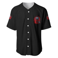 Black baseball jersey with button front and small red-blue skull logo on chest