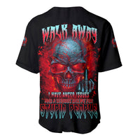Black baseball jersey with large skull graphic and red-blue slogan on back