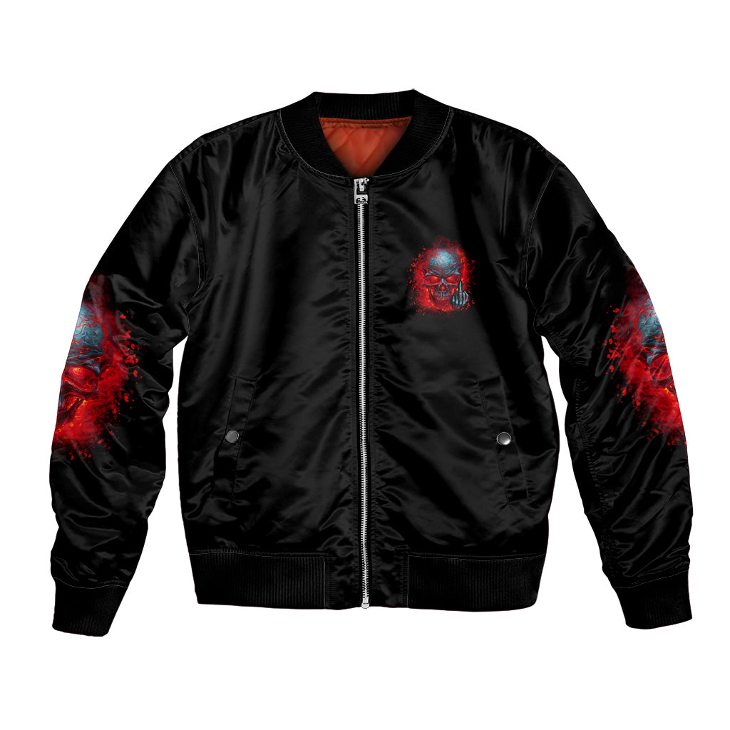 Black bomber jacket with front zip and red-blue chest skull graphic