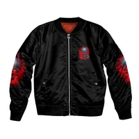 Black bomber jacket with front zip and red-blue chest skull graphic