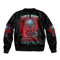 Black unisex bomber jacket with multicolor back graphic and ribbed cuffs