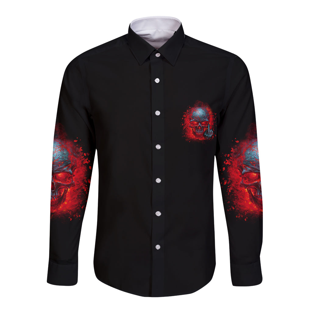Long sleeve button shirt with front skull chest print and red/blue sleeve graphics