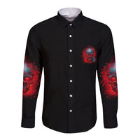 Long sleeve button shirt with front skull chest print and red/blue sleeve graphics