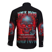 Long sleeve button shirt with back skull graphic in red and blue