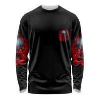 Unisex black long sleeve shirt with red-blue skull graphics on both sleeves