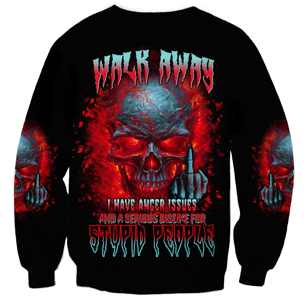 Unisex black sweatshirt with large red-blue skull graphic and warning text