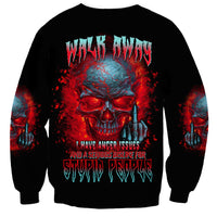 Unisex black sweatshirt with large red-blue skull graphic and warning text