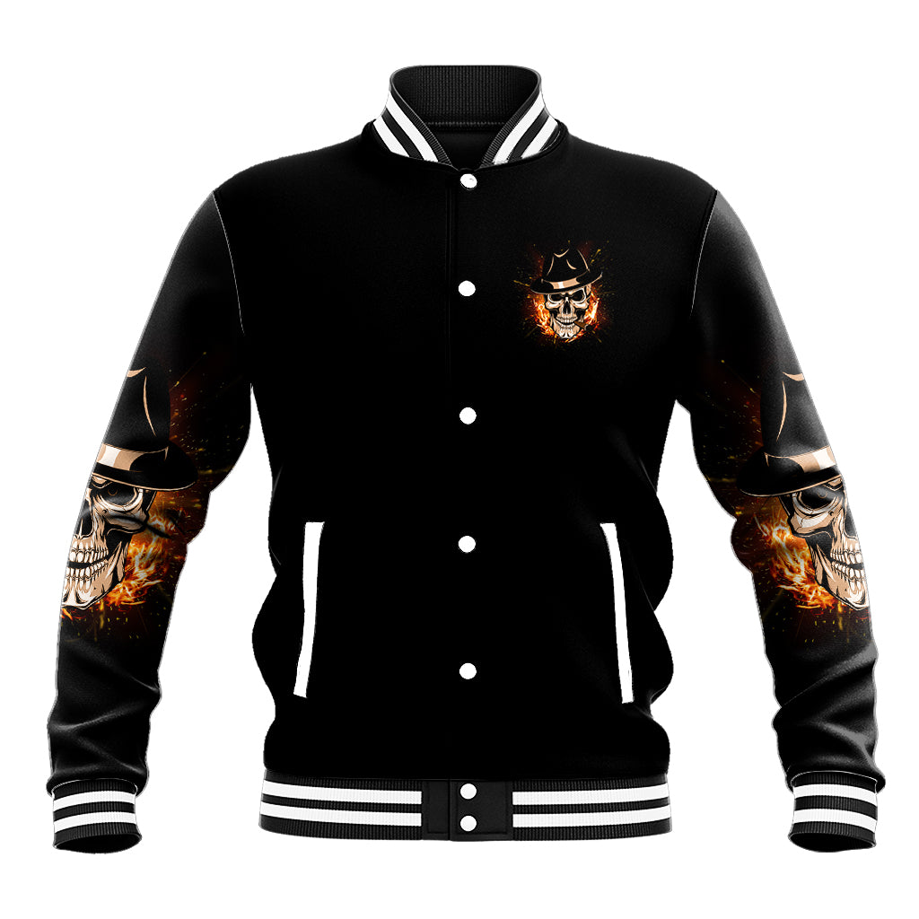 Black varsity jacket, button front, striped rib trim, front skull logo and flame sleeve art