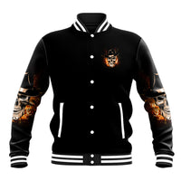 Black varsity jacket, button front, striped rib trim, front skull logo and flame sleeve art