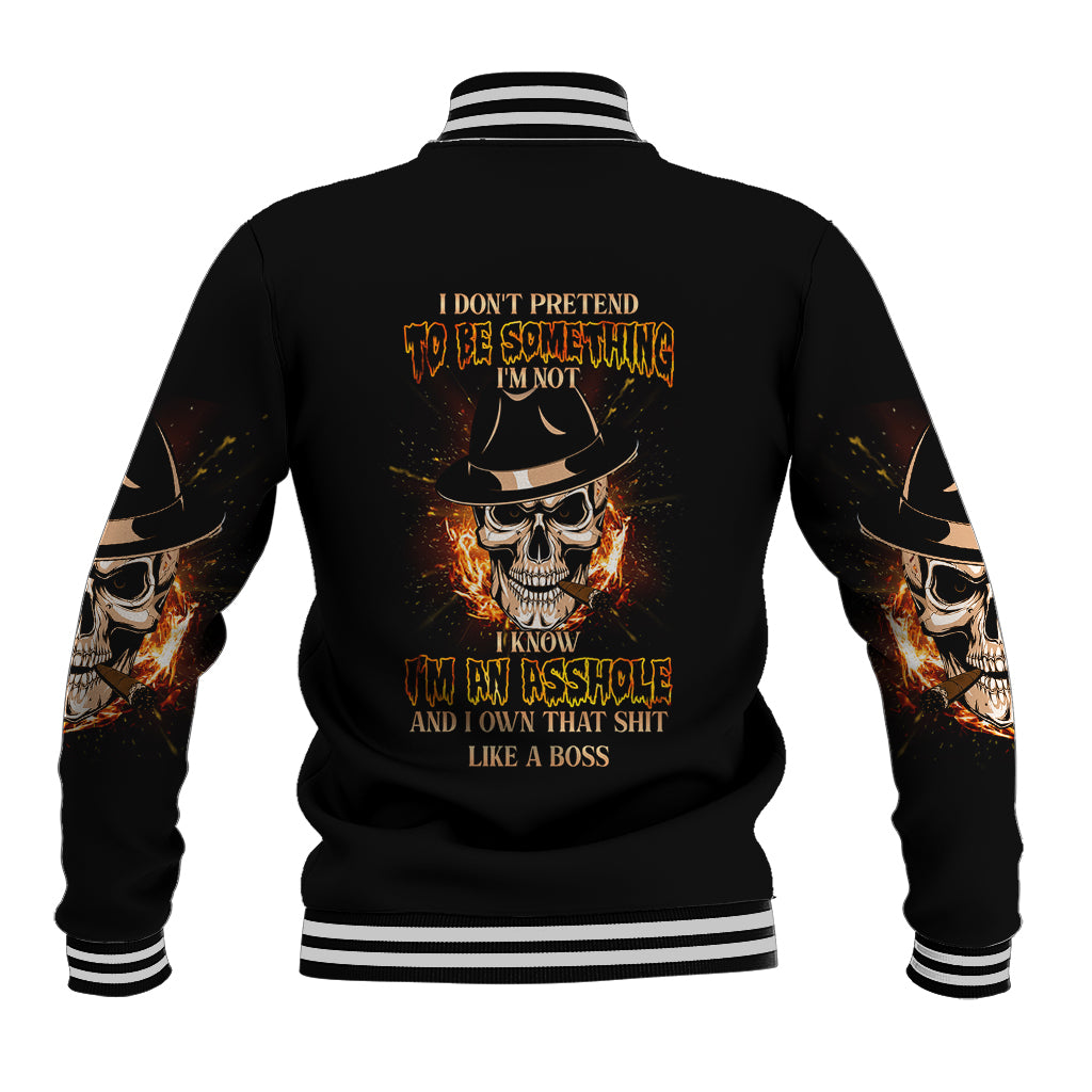 Black baseball jacket, striped rib collar and cuffs, back skull-flame graphic with text